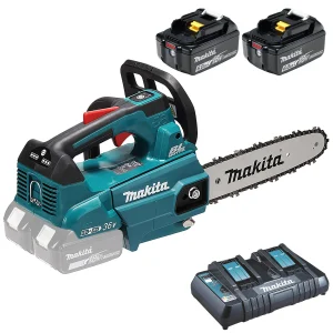 Makita Chainsaw Kit 25cm 10" 18V x 2 LXT Brushless Cordless 2 x 6Ah Battery and Dual Rapid Charger Top Handle Garden Tree Cutting Pruning DUC256PG2