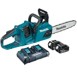 Makita Chainsaw Kit 40cm 16" 18V x 2 LXT Brushless Cordless 2 x 6Ah Battery and Dual Rapid Charger Garden Tree Cutting Pruning DUC405PG2